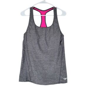 Speedo Tank Top Women 14 Gray Pink Racerback Built-in Bra Athletic